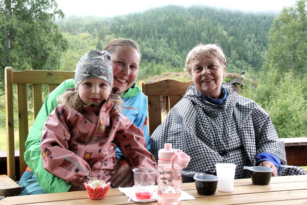 Rjomegraut, pølse med brød, kake og kaffi